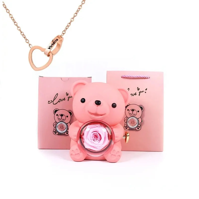 Eternal Rose Teddy Bear Gifts Box with Necklace Rotate Rose Jewelry Box Valentine Wedding Storage Gift Case for Women Girlfriend