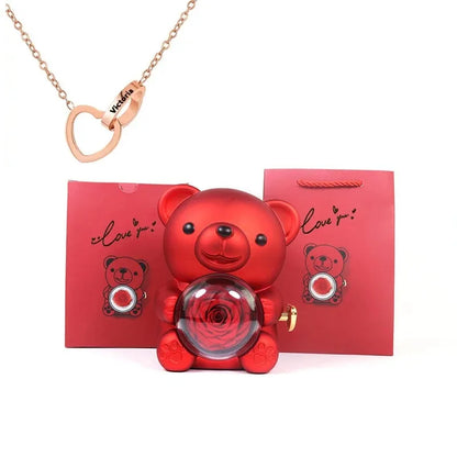 Eternal Rose Teddy Bear Gifts Box with Necklace Rotate Rose Jewelry Box Valentine Wedding Storage Gift Case for Women Girlfriend